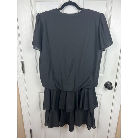 Vintage 80s Black and Silver Chiffon Drop Waist Tiered Skirt Dress 18/20 - Picture 6 of 7
